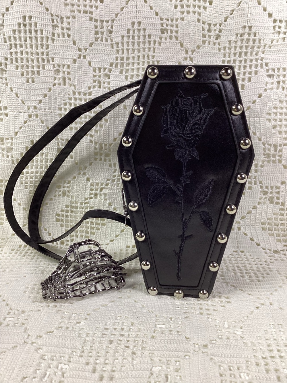 Black Coffin Crossbody Bag with Embroidered Rose & Skeletal Hand Hair Clip